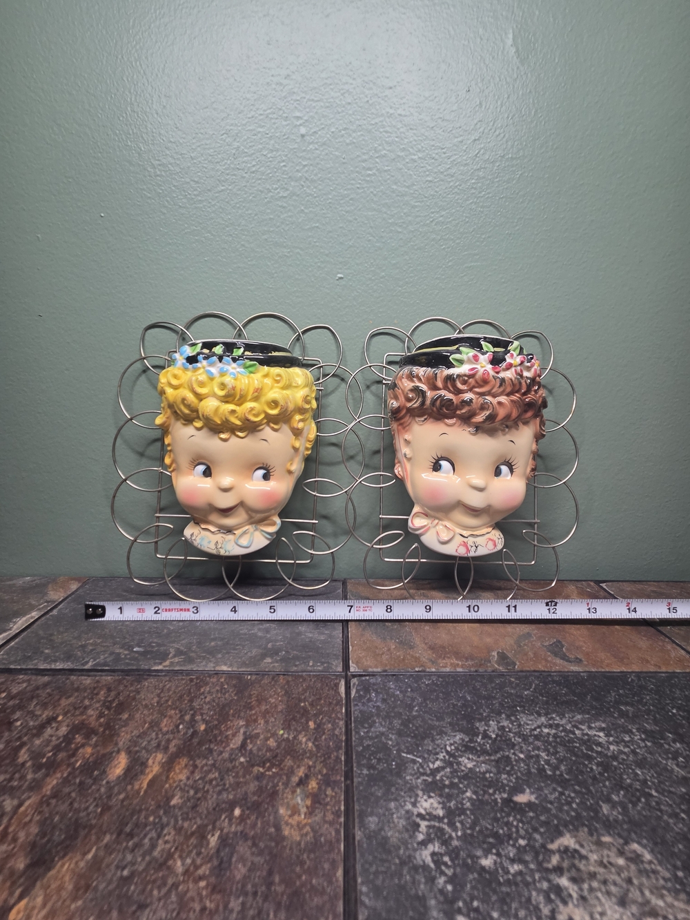 Vintage Ceramic Wall Pocket Pair - Yellow and Brown Head Planters - Picture 3 of 6